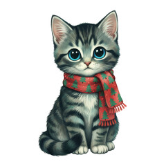 Cute striped kitten with bright blue eyes adorned with Christmas tree patterned scarf