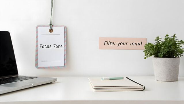 Minimal workspace scene with focus zone and filter your mind text