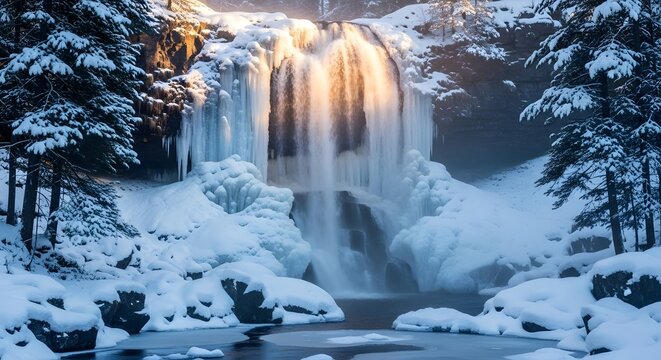 Winter waterfall with ice formations and fresh snow