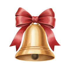 Gleaming golden bell adorned with a vibrant ruby ribbon on transparent showcase elegance