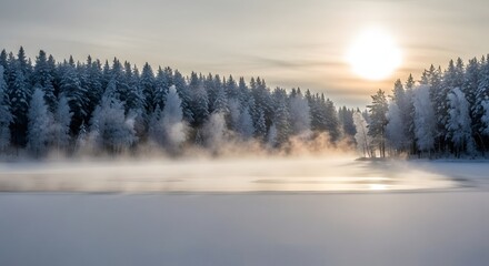 Icy lake landscape with trees covered in snow