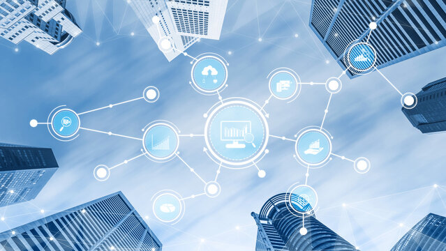 A visually stunning image representing a digital technology network surrounded by modern skyscrapers, symbolizing communication and data exchange in urban settings. Tessel