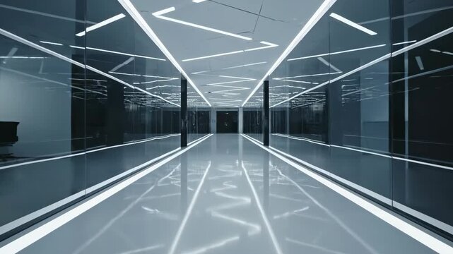 A long sleek corridor featuring reflective floors and walls illuminated by bright zigzagging light fixtures overhead