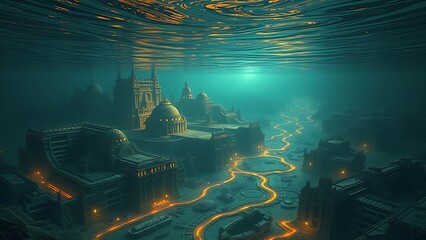Submerged Atlantean cityscapes with ancient glowing migration paths beneath rippling water.