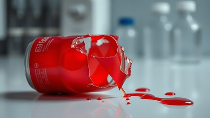 Shattered soda can with spilled liquid forming a red ribbon shape on a sterile laboratory surface.