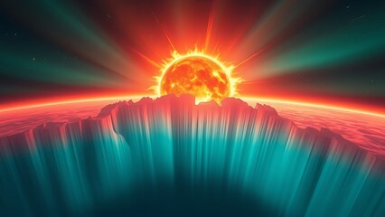 A painterly solar corona explosion with rippling aurora energy cascading toward a small blue planet.