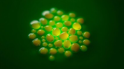 Glowing seeds suspended in vibrant green liquid, embodying natural healing and vitality.