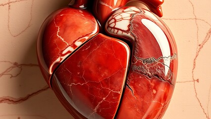 A marble-sculpted human heart cross-section with a glossy, fatty texture encroaching on one side.