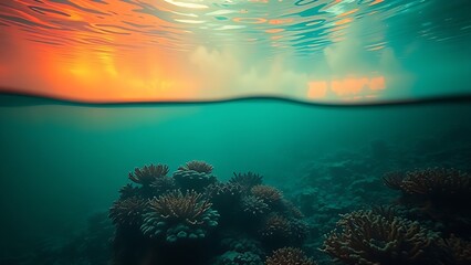 A terrifyingly beautiful underwater scene where the coral reef is consumed by an acidic neon-green and orange haze.