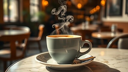 Steaming hot latte cup on an elegant cafe table, evoking a warm morning breakfast atmosphere.