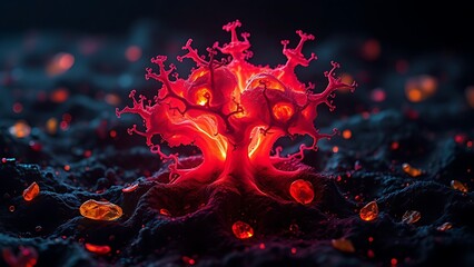 A glowing malignant growth being starved of its vibrant nutrient streams on a dark field.