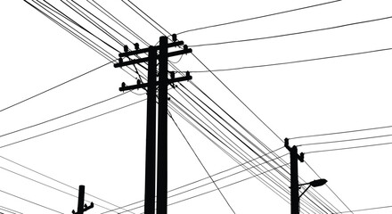 Utility poles with complex overhead power line network, electrical distribution vector illustration