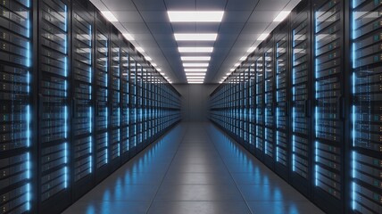 Data center server room with rows of servers