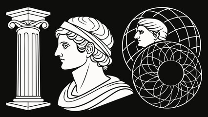 Illustration of an ionic column, head bust, and geometric spheres on a black background design element vreated with genrated ai