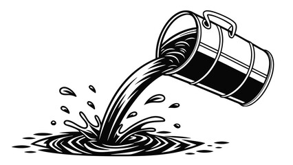 Black liquid being poured from a metal bucket creating a splash and ripples on the ground surface vreated with genrated ai