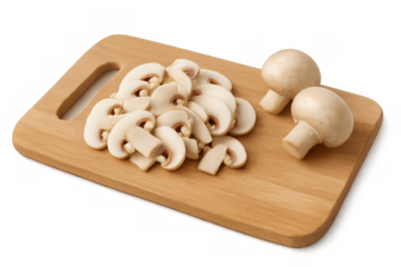 Fresh sliced and whole white button mushrooms sitting on a wooden cutting board, ready for various culinary preparations