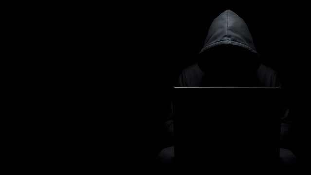 Hacker in black hood using laptop, anonymous, dark web, cybersecurity, crime, mystery, digital threat