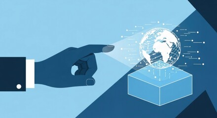 A stylized hand points a beam of light towards a glowing, networked globe resting on a blue cube, symbolizing global technology and interaction.