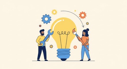 Illustration depicting teamwork and collaboration, with individuals working together to create and refine an idea.