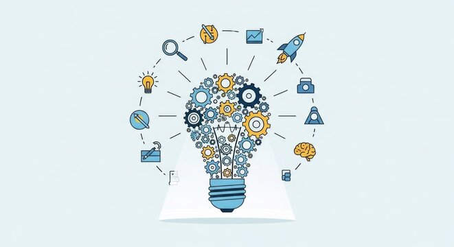Creative business idea generation and innovation process with technology and strategy icons.