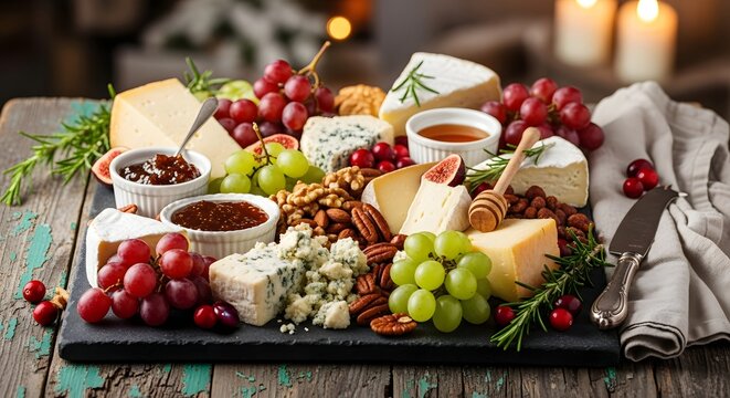 Cheese board with grapes nuts and fruits
