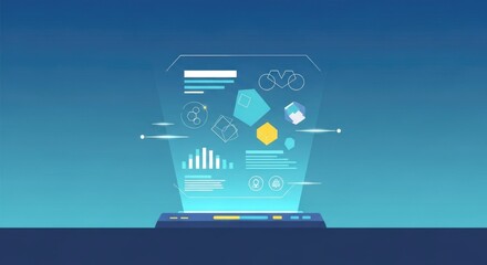 Futuristic holographic interface displaying data analytics, charts, and icons on a digital screen.