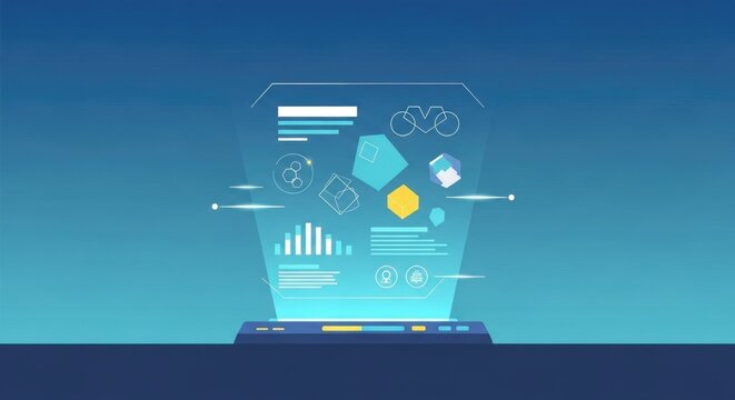 Futuristic holographic interface displaying data analytics, charts, and icons on a digital screen.