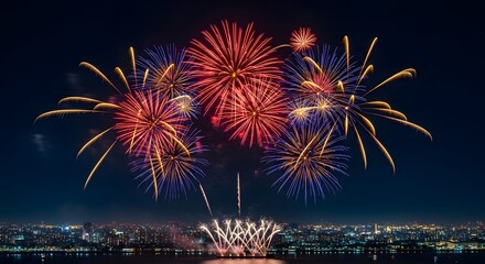 Beautiful fireworks display over city skyline night