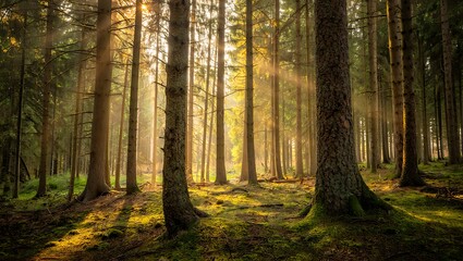 Fototapeta premium Sunlight filtering through the towering trees in a beautiful forest landscape
