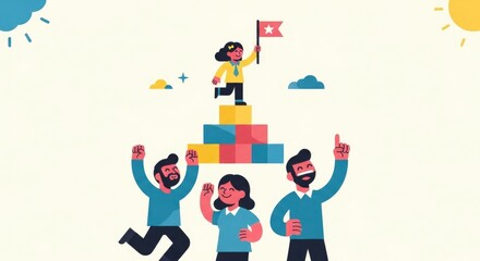 A diverse group of people celebrating the success of a woman standing on a podium holding a flag.