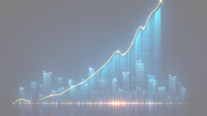 夜の都市景観と上昇する折れ線グラフ