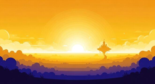 A vibrant digital art landscape of a golden sunrise over a sea of clouds with a distant floating castle.