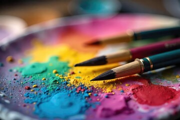 Obraz premium A close-up shot of paintbrushes and a palette with vibrant, mixed colors, ready for an artistic creation The scene evokes creativity and the joy of painting , paintbrushes, vibrant