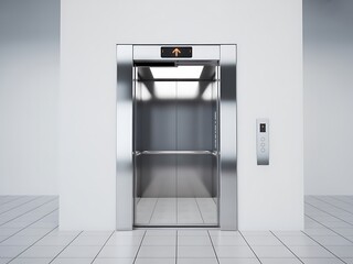 Modern Stainless Steel Elevator with Up Arrow Indicator in a Minimalist Interior Setting A Symbol of Vertical Transportation and Urban Accessibility
