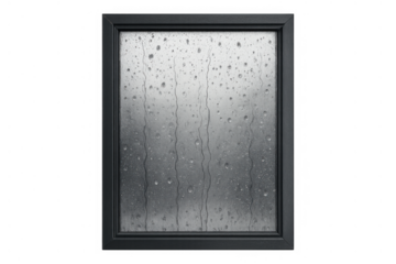 Raindrops falling on a window pane with flowing streaks of water during a grey day, transparent background