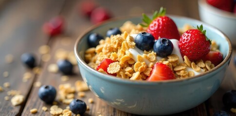 A delicious and healthy bowl of homemade granola cereal with yogurt and fresh berries, ready to be enjoyed for a nutritious breakfast , quick breakfast, cereal, breakfast inspiration