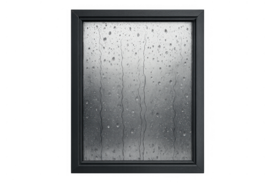 Raindrops falling on a window pane with flowing streaks of water during a grey day, transparent background