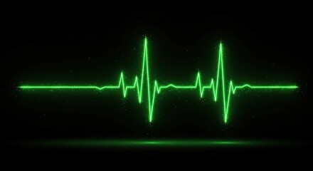 Vibrant Green Heartbeat Pulse Line on Black Background with Sparkling Particles