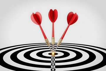 Precision and Focus Three Darts Hit the Bullseye Target Achieving Goals and Success with Accuracy