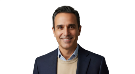 Elegant smiling 46-52-year-old Middle Eastern man in a sharp blazer and cashmere sweater, ideal for luxury travel, financial services, executive profiles, or winter lifestyle campaigns.