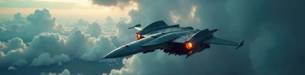 Fototapeta premium A futuristic fighter jet, sleek and powerful, soars through a stormy sky, its advanced weaponry visible Ready for combat, it embodies the future of aerial warfare , unmanned, design, jet engine
