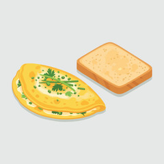 Classic breakfast meal of a folded herb omelette and toast.