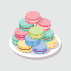 Colorful macarons arranged on a white plate a delightful dessert.
