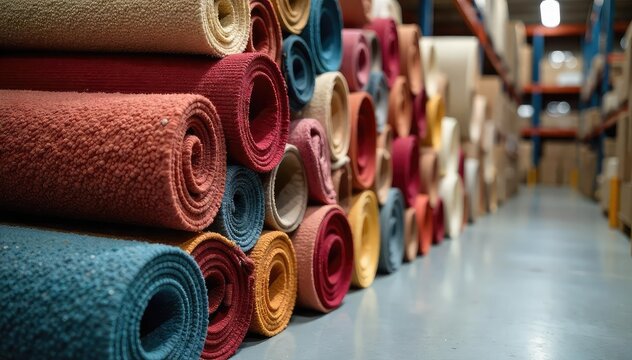 A high stack of rolled carpets, various colors and textures, neatly organized in a warehouse or store Ready for sale or delivery Shows the scale and variety of flooring options , colors, variety