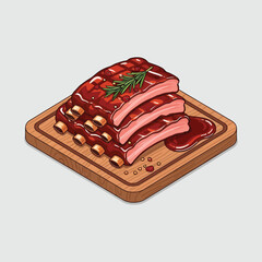 Delicious barbecue ribs on a wooden cutting board with sauce.