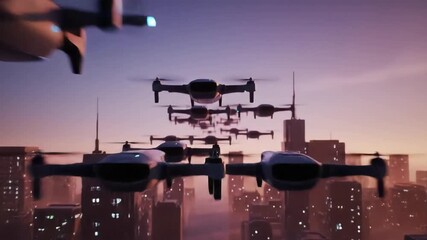 A futuristic cityscape at dusk with numerous autonomous drones flying in formation illustrating advanced urban logistics and smart city technology with a focus on aerial delivery and surveillance sys. - Powered by Adobe