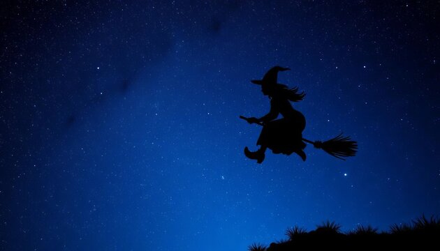 Jagged silhouette of a witch flying on a broomstick against a starry sky,  mystic,  wizardry.
