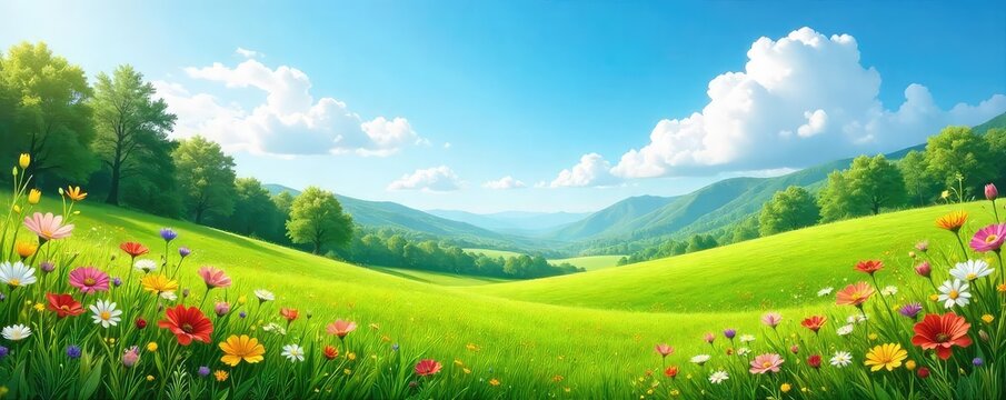 A lush green landscape with blooming wildflowers and a clear blue sky, celebrating Earth Day and environmental conservation , sky, green - Powered by Adobe