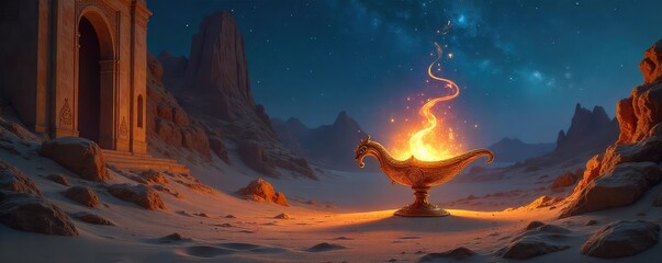A majestic djinn emerges from a shimmering, ornate lamp, surrounded by swirling desert sands and ancient ruins under a starry Arabian night sky , atmosphere, ancient