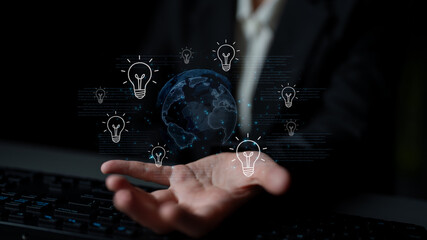 Concept of global innovation and shared knowledge. A network of creative ideas and brainstorming...